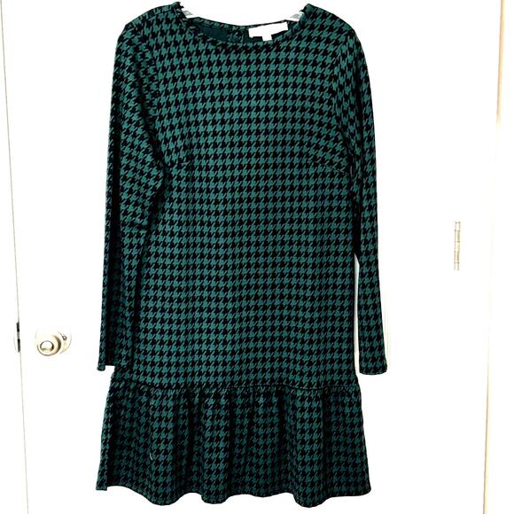 Loft Wms Small Green Black Houndstooth Flounce Hem Dress Academia Schoolgirl - Picture 1 of 9